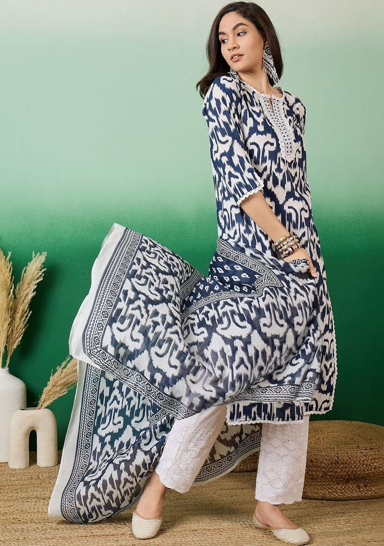 Navy Blue Printed Cotton Kurta Set - Indya