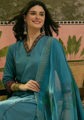Turquoise Blue Printed Viscose Kurta Set