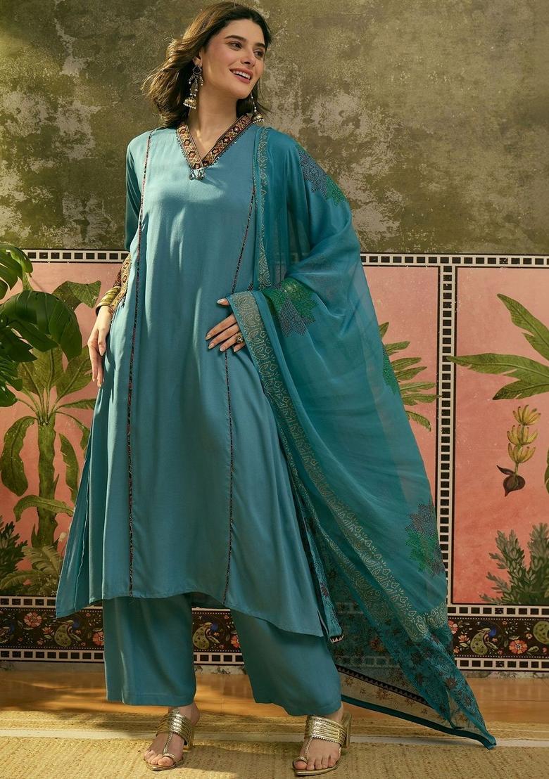 Turquoise Blue Printed Viscose Kurta Set - Indya