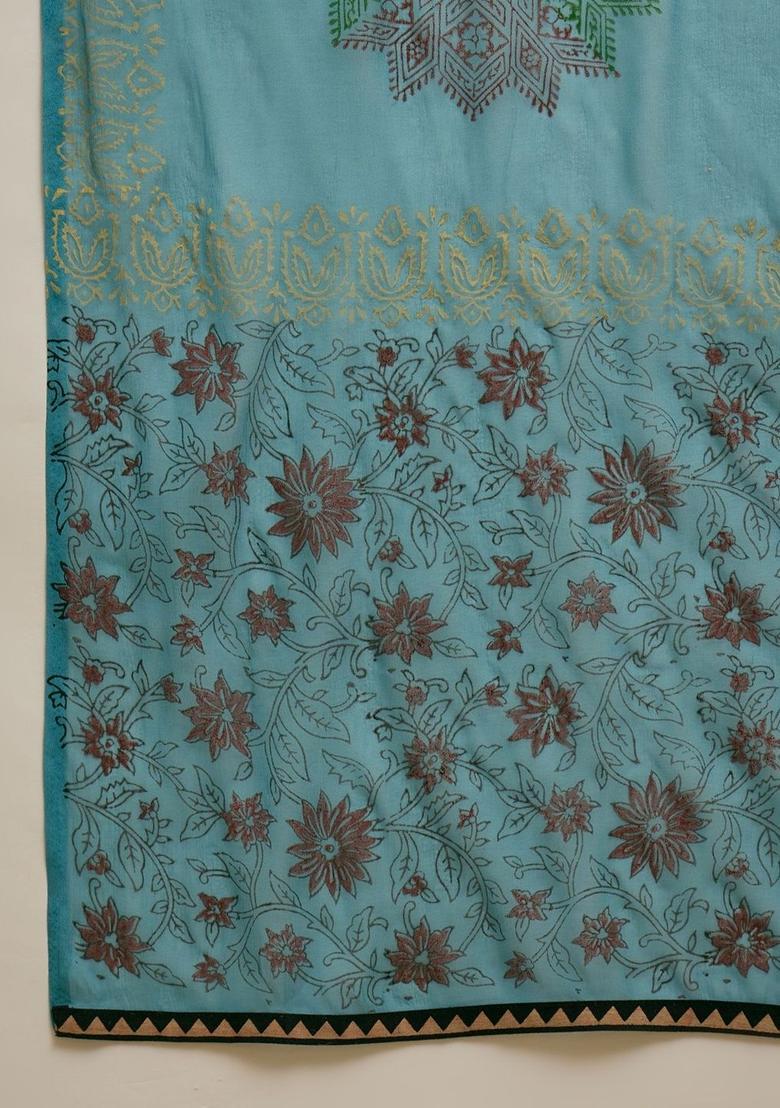 Turquoise Blue Printed Viscose Kurta Set - Indya