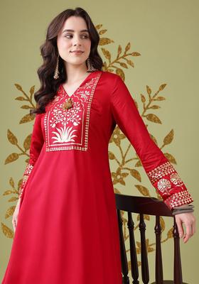 Red Printed Viscose Kurta Set