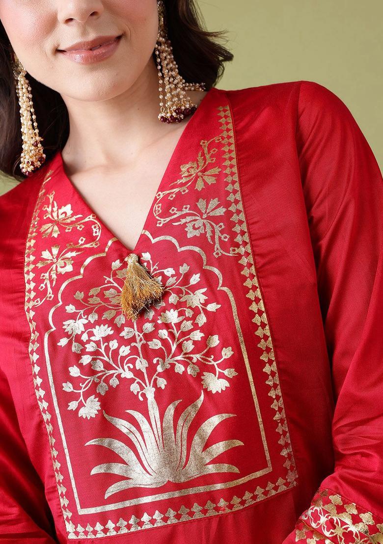 Red Printed Viscose Kurta Set - Indya