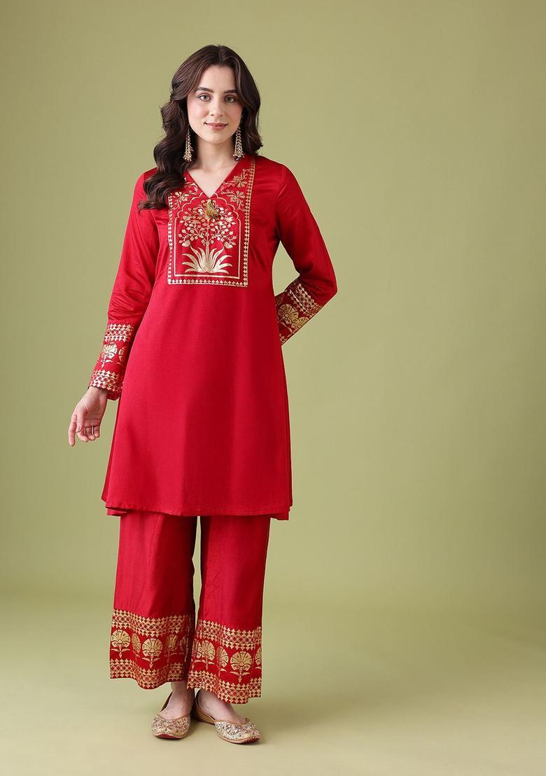 Red Printed Viscose Kurta Set - Indya