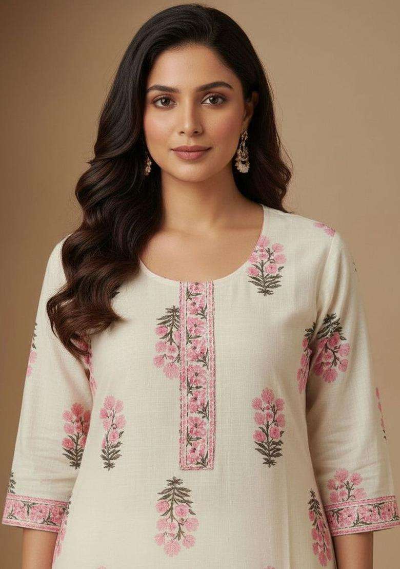 Cream  Cotton Kurta - Indya