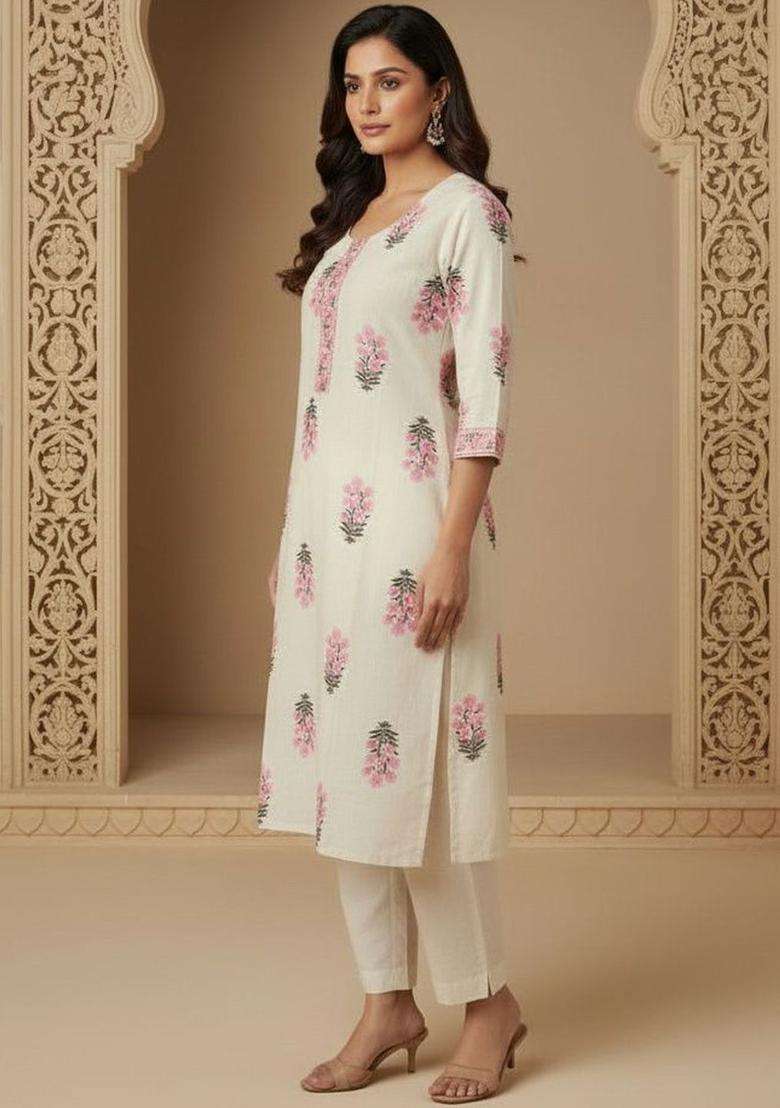 Cream  Cotton Kurta - Indya
