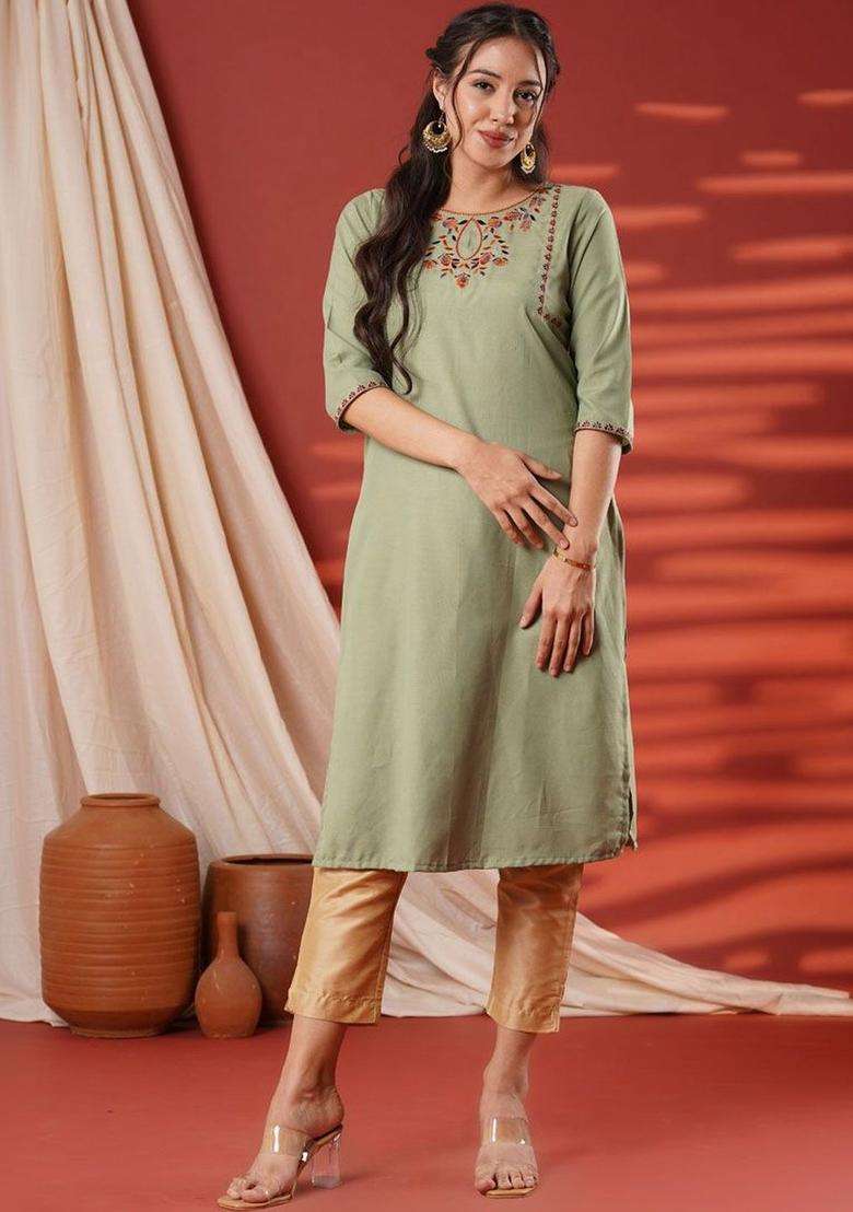 Green  Blended Kurta - Indya