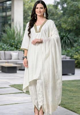White Solid Silk Blend Kurta Set