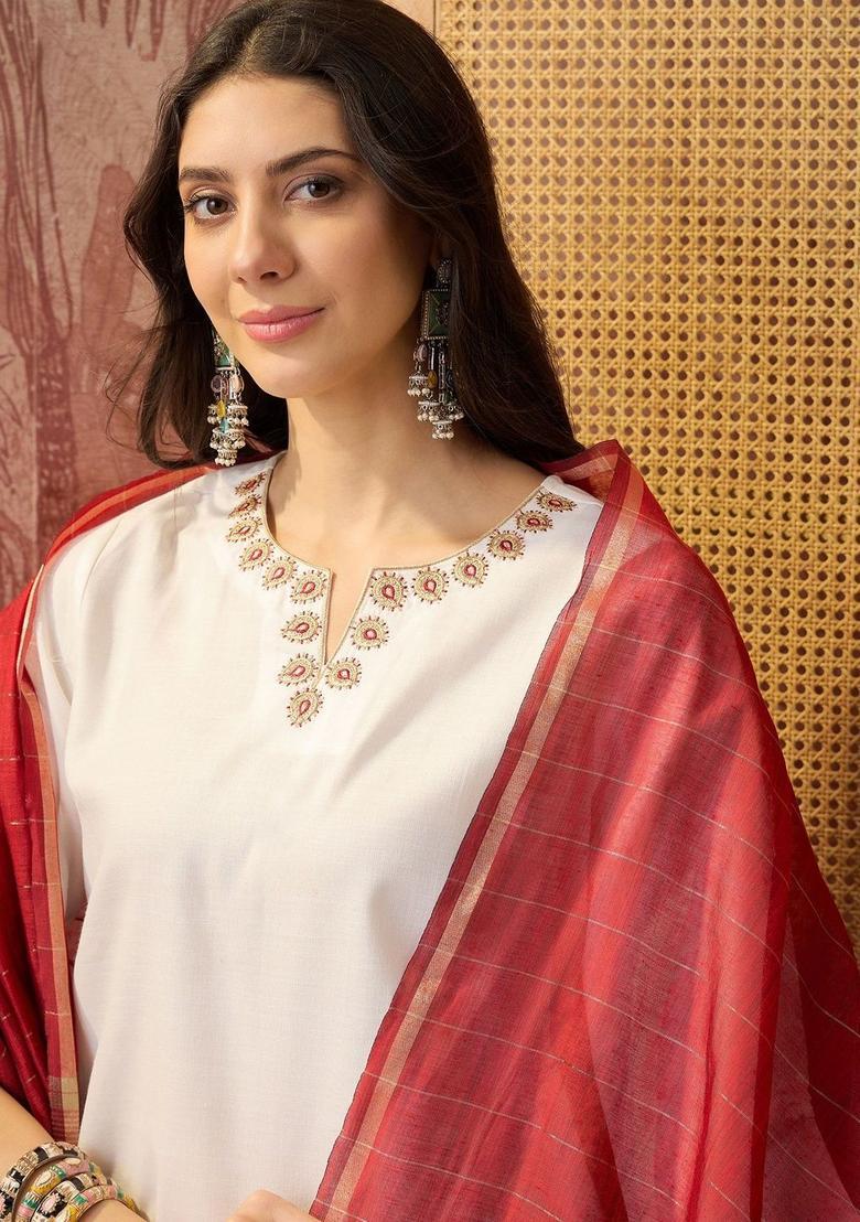 White Embroidered Cotton Kurta Set - Indya
