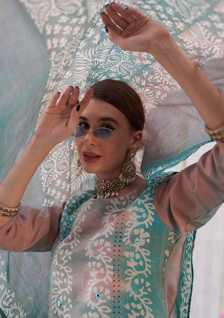 Turquoise Blue Printed Viscose Kurta Set - Indya