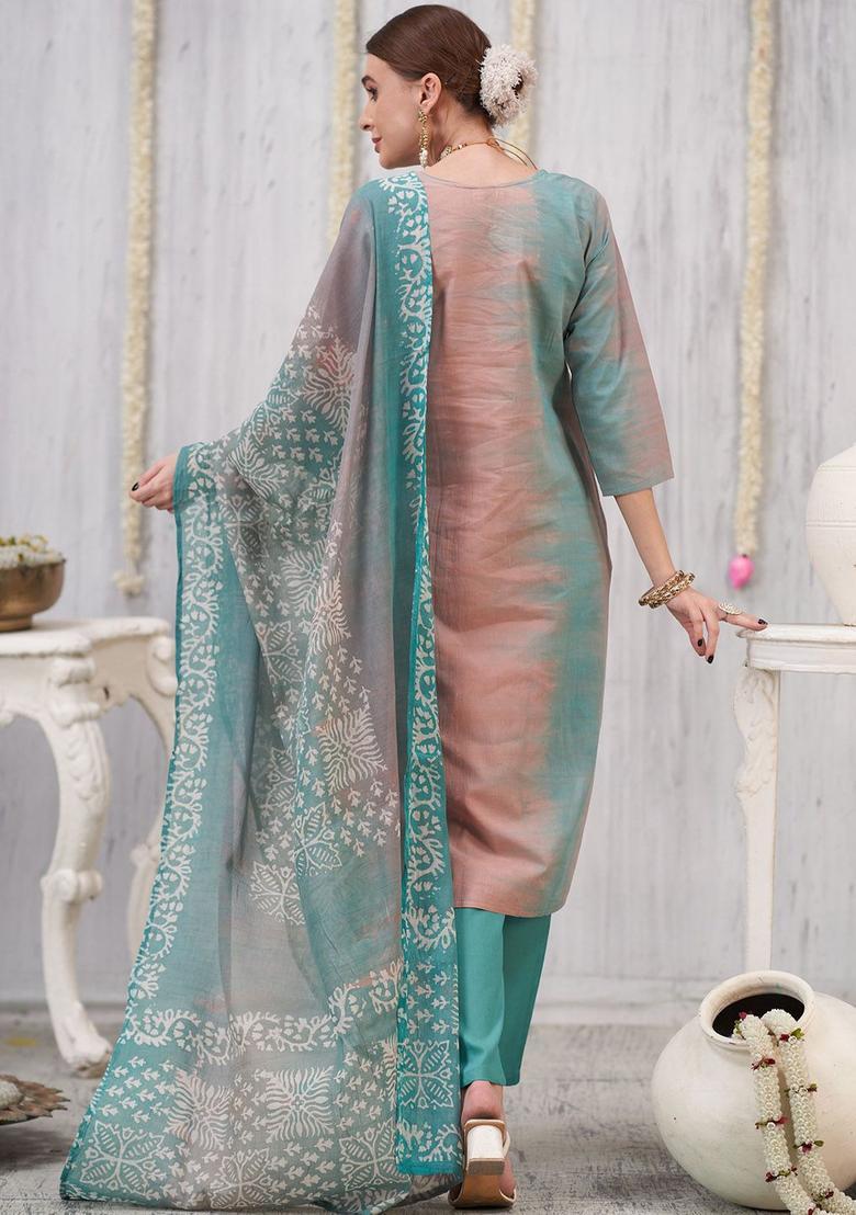 Turquoise Blue Printed Viscose Kurta Set - Indya