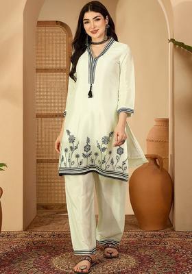 Off White Embroidered Silk Kurta Set