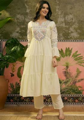 Cream Embroidered Silk Kurta Set