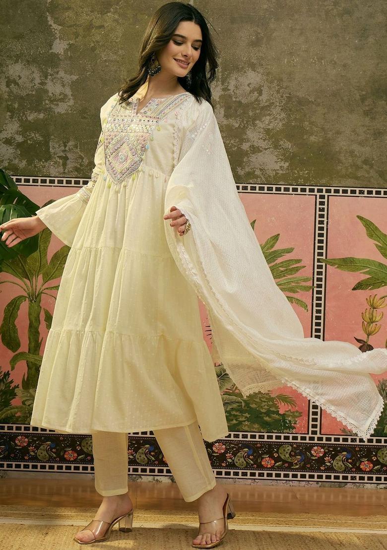 Cream Embroidered Silk Kurta Set - Indya