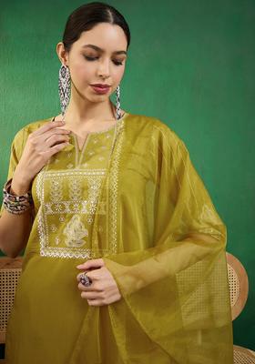 Mustard Embroidered Silk Kurta Set