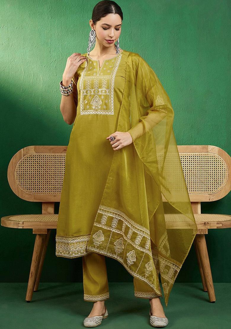 Mustard Embroidered Silk Kurta Set - Indya