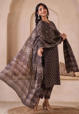 Brown Printed Cotton Kurta Set