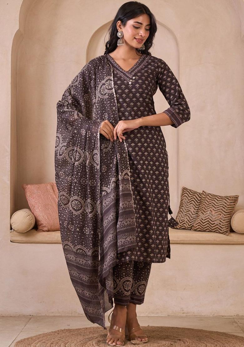 Brown Printed Cotton Kurta Set - Indya