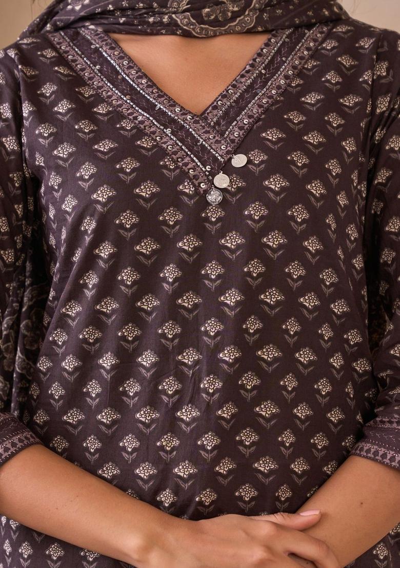 Brown Printed Cotton Kurta Set - Indya