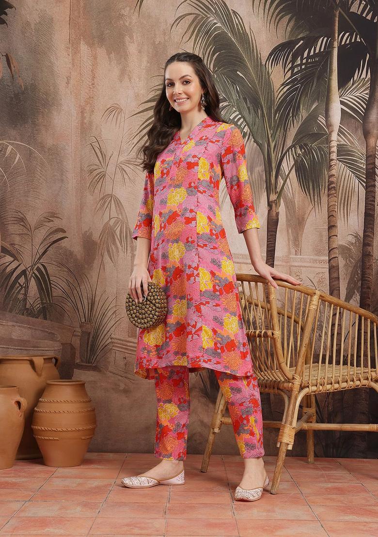 Pink Printed Viscose Kurta Set - Indya