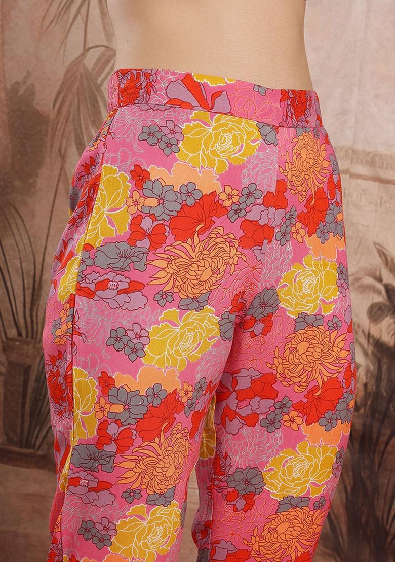Pink Printed Viscose Kurta Set - Indya