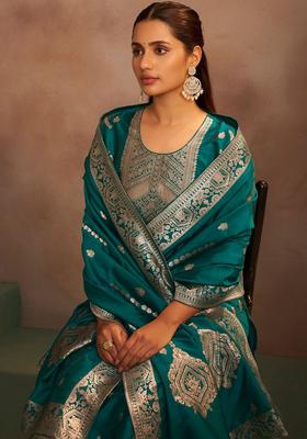 Teal Woven Design Silk Blend Kurta Set