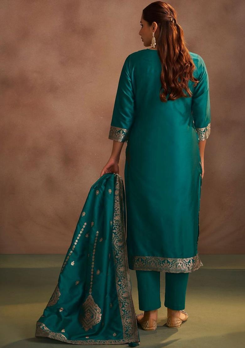 Teal Woven Design Silk Kurta Set - Indya