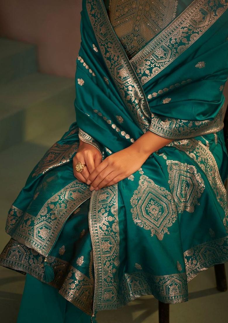Teal Woven Design Silk Kurta Set - Indya