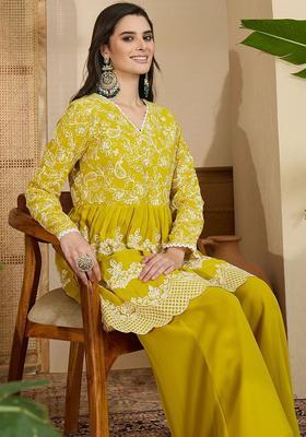 Yellow Embroidered Georgette Kurta Set