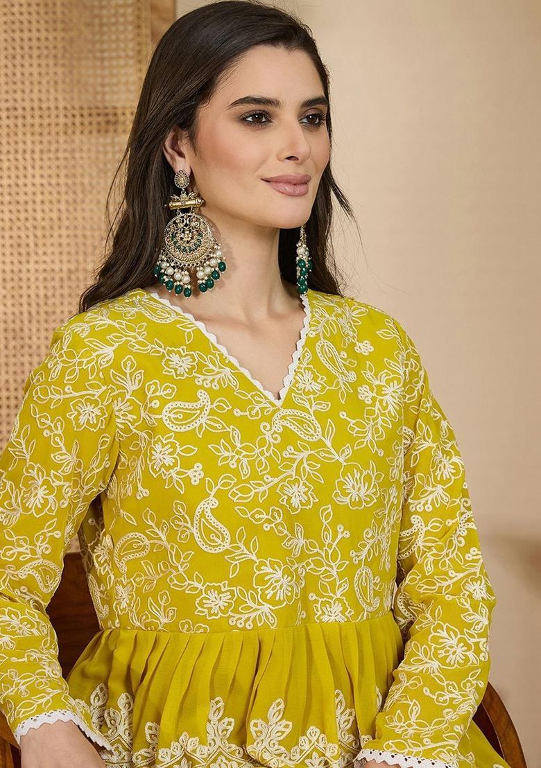 Yellow Embroidered Georgette Kurta Set - Indya