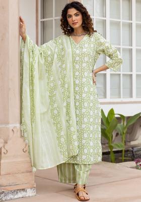 Green Printed Cotton Kurta Set