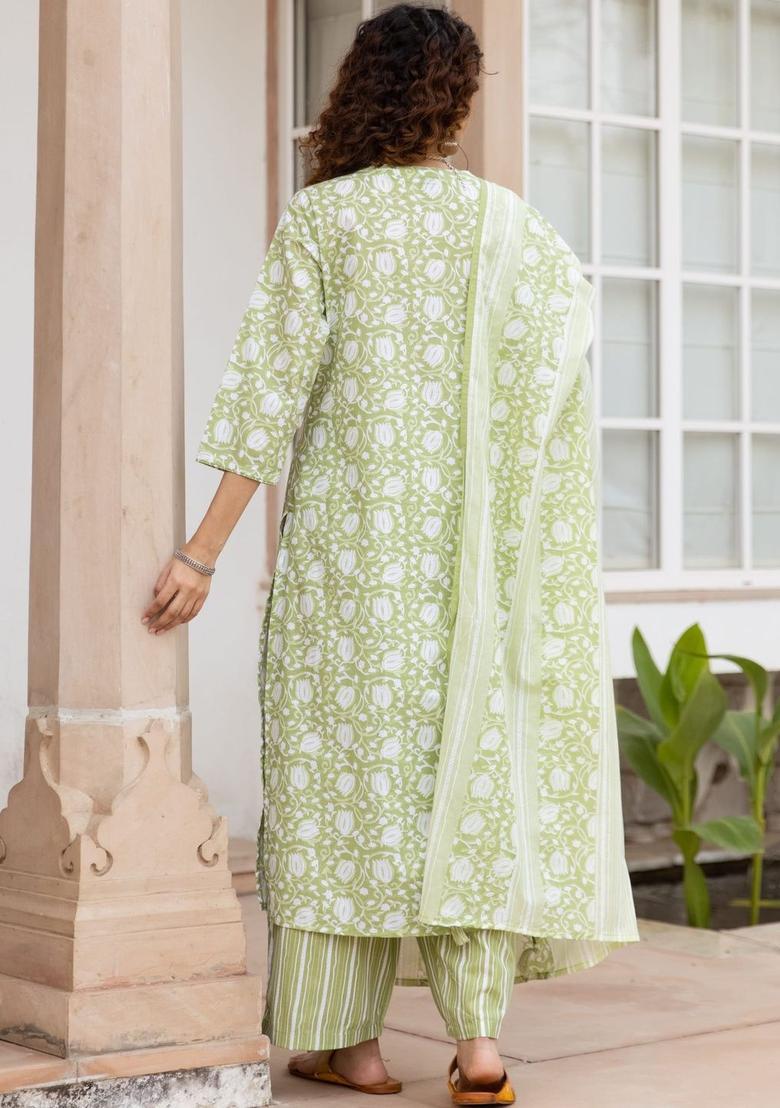 Green Printed Cotton Kurta Set - Indya