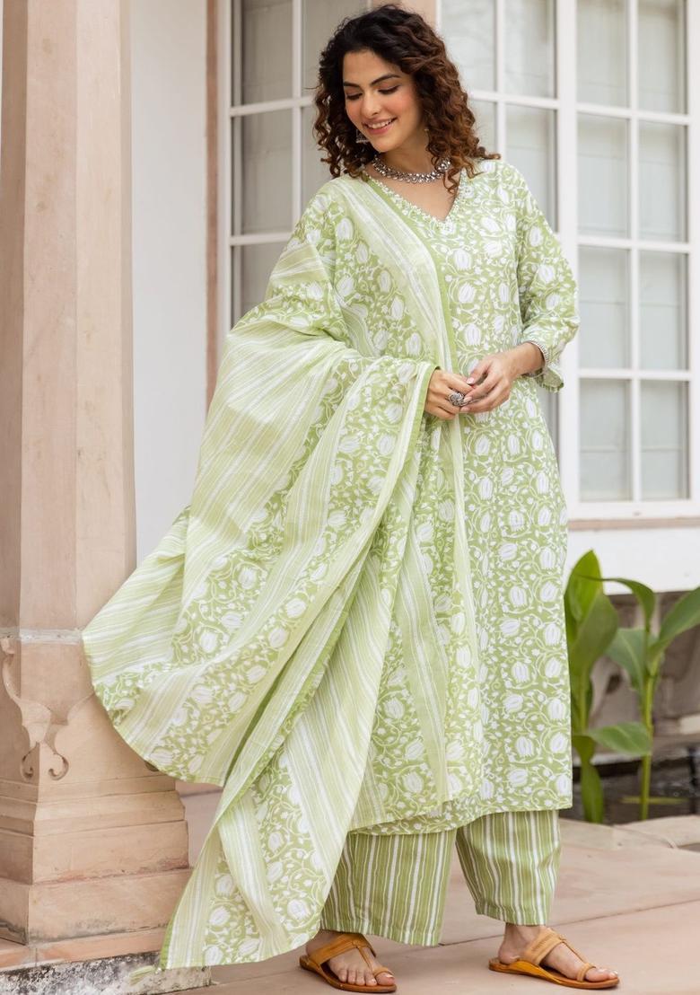 Green Printed Cotton Kurta Set - Indya
