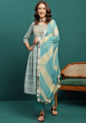 Turquoise Blue Printed Silk Kurta Set