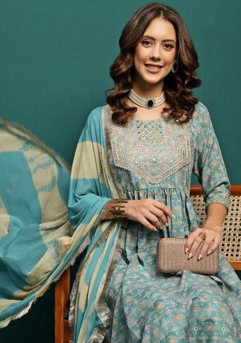Turquoise Blue Printed Silk Kurta Set - Indya