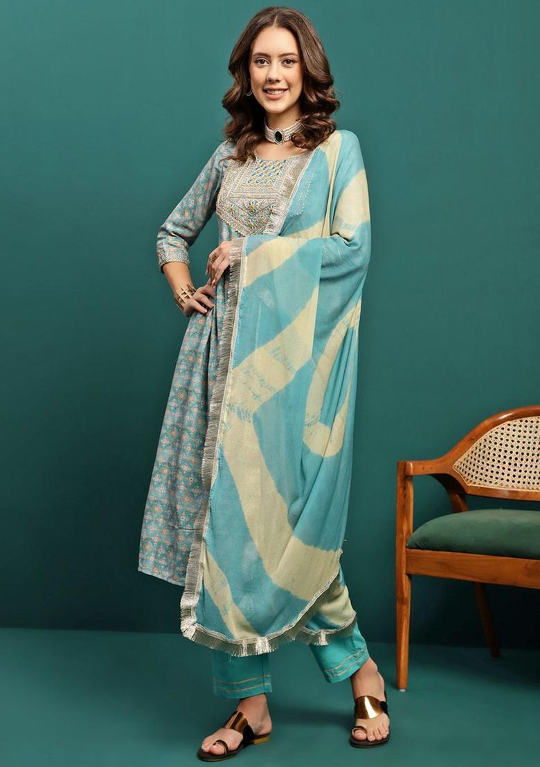 Turquoise Blue Printed Silk Kurta Set - Indya