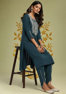Green Embroidered Polyester Kurta Set