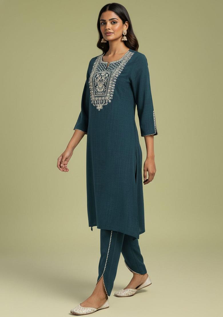 Green Embroidered Polyester Kurta Set - Indya