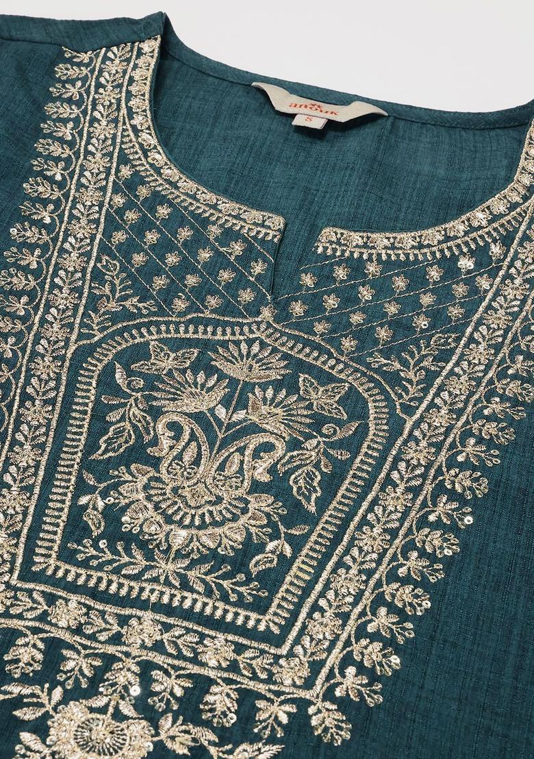 Green Embroidered Polyester Kurta Set - Indya