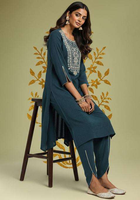 Green Embroidered Polyester Kurta Set