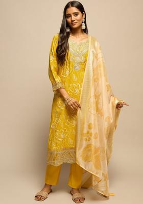 Yellow Printed Polyester Kurta Set