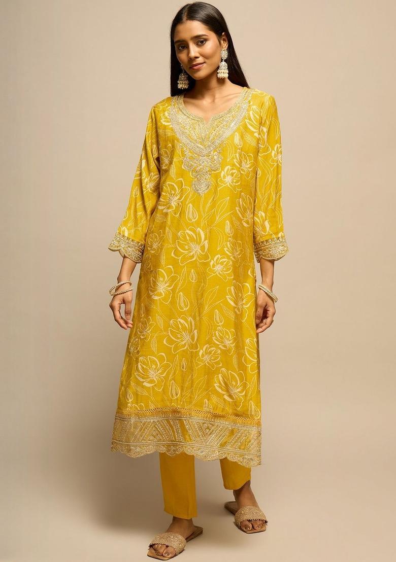 Yellow Printed Polyester Kurta Set - Indya