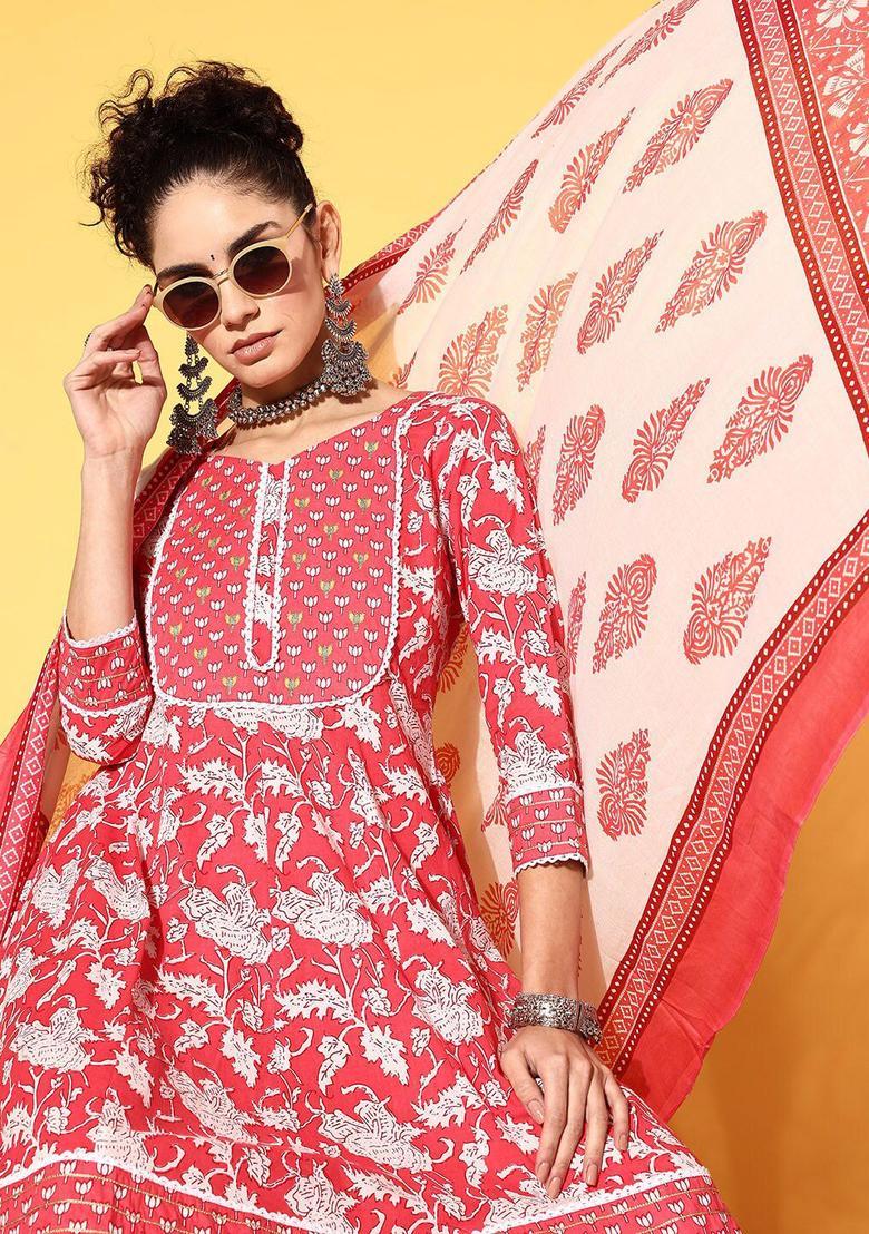 Pink Printed Cotton Kurta Set - Indya