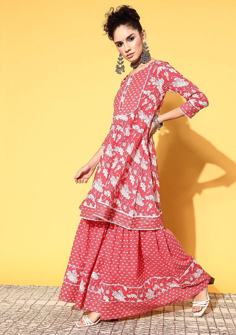 Pink Printed Cotton Kurta Set - Indya