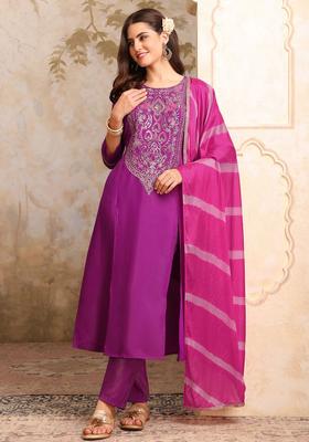 Purple Embroidered Silk Kurta Set