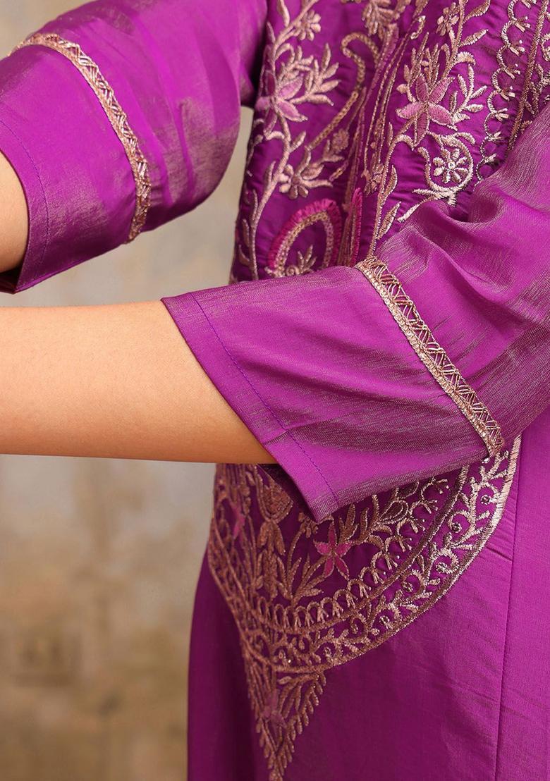 Purple Embroidered Silk Kurta Set - Indya