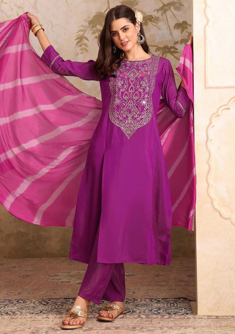 Purple Embroidered Silk Kurta Set - Indya