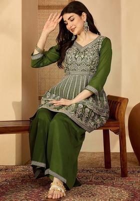 Olive Embroidered Silk Kurta Set
