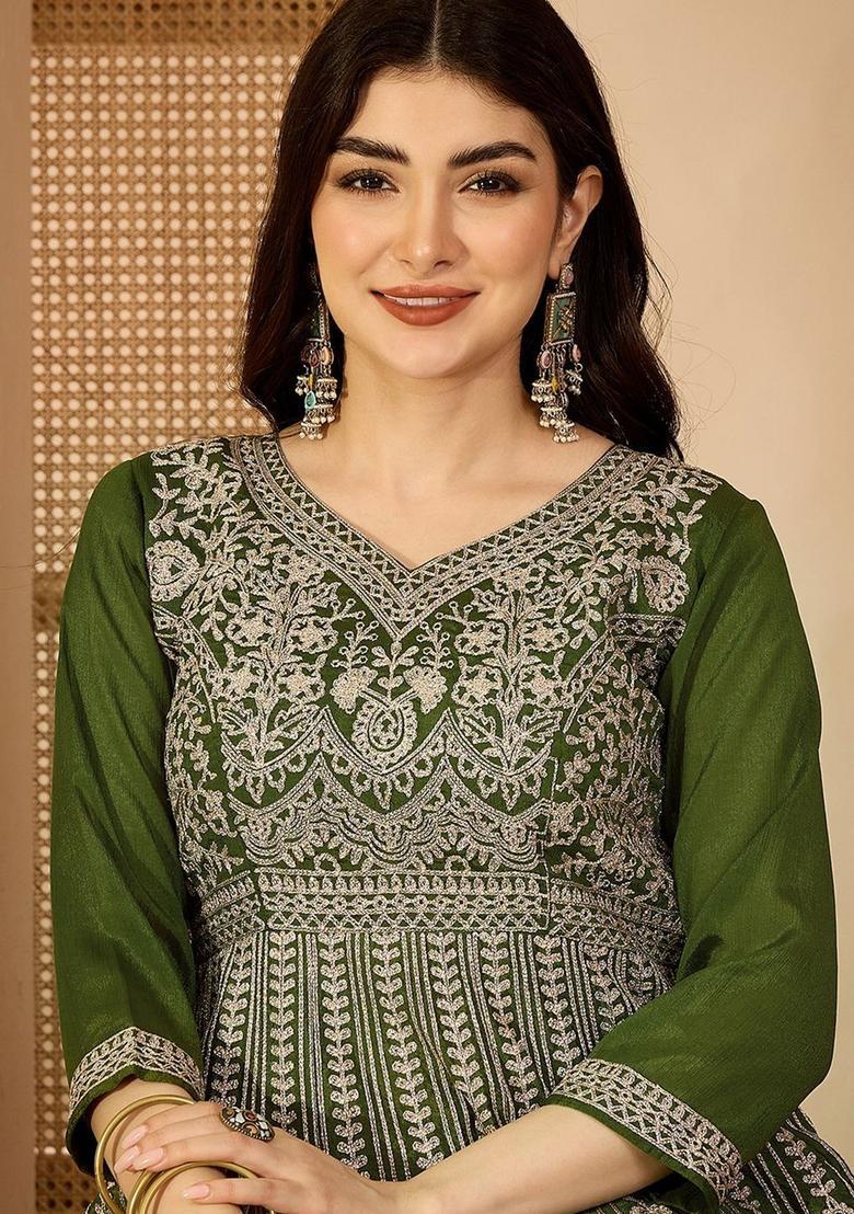 Olive Embroidered Silk Kurta Set - Indya