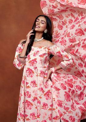 Beige Printed Viscose Anarkali Set