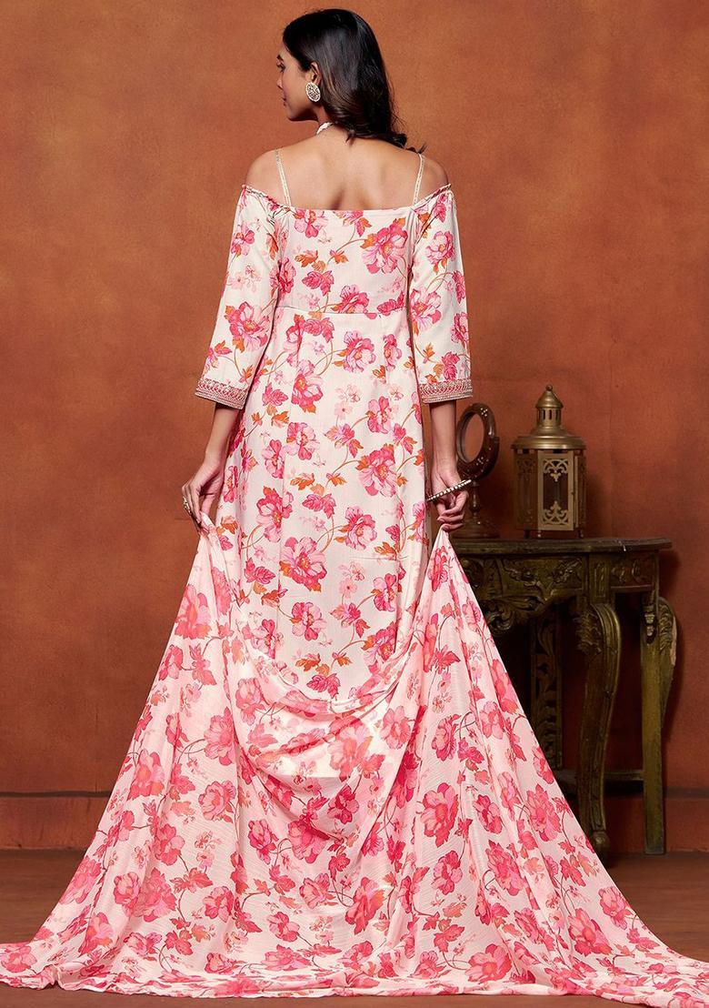 Beige Printed Viscose Anarkali Set - Indya